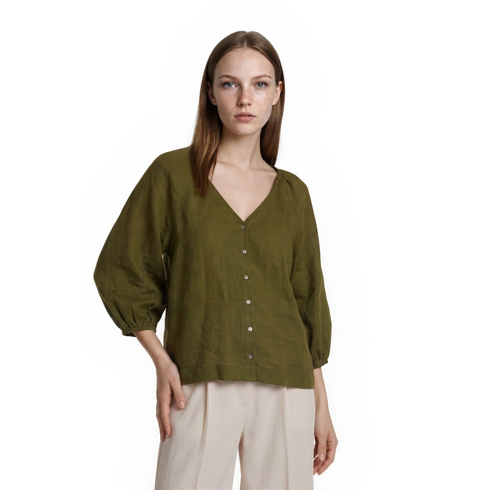 EVERY Blouse Top Women's Size Small Olive Green V Neck Balloon Sleeve Boho